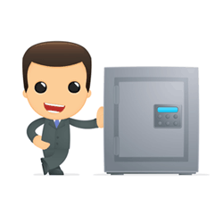 A happy man leaning on his safe